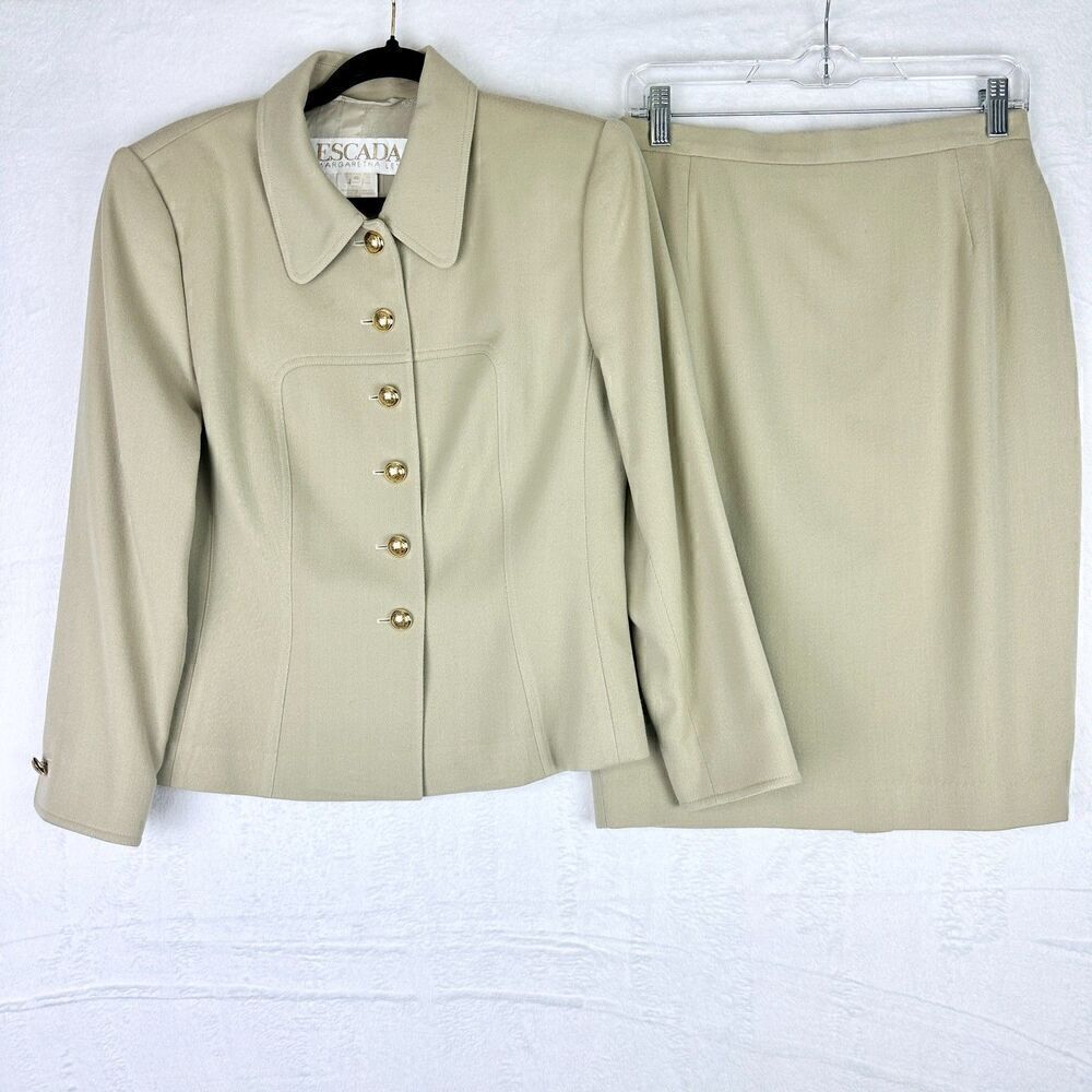 Escada Margaretha Ley Vintage New Wool Skirt Suit 2 PC Size EU 40 US 10 Tan